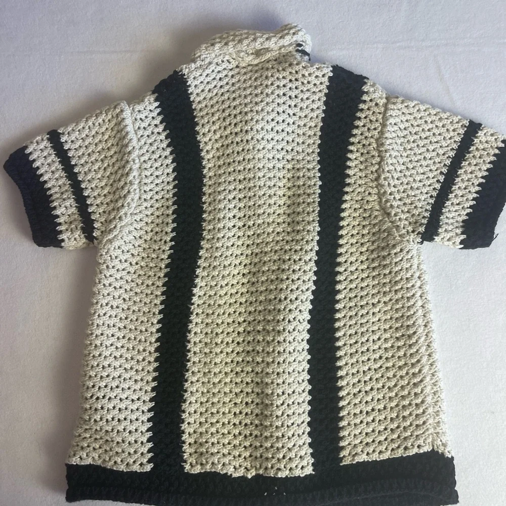 Zara Girls Size 6-7 Chunky Cotton Knit Cardigan Sweater Cream Ivory Black Stripe